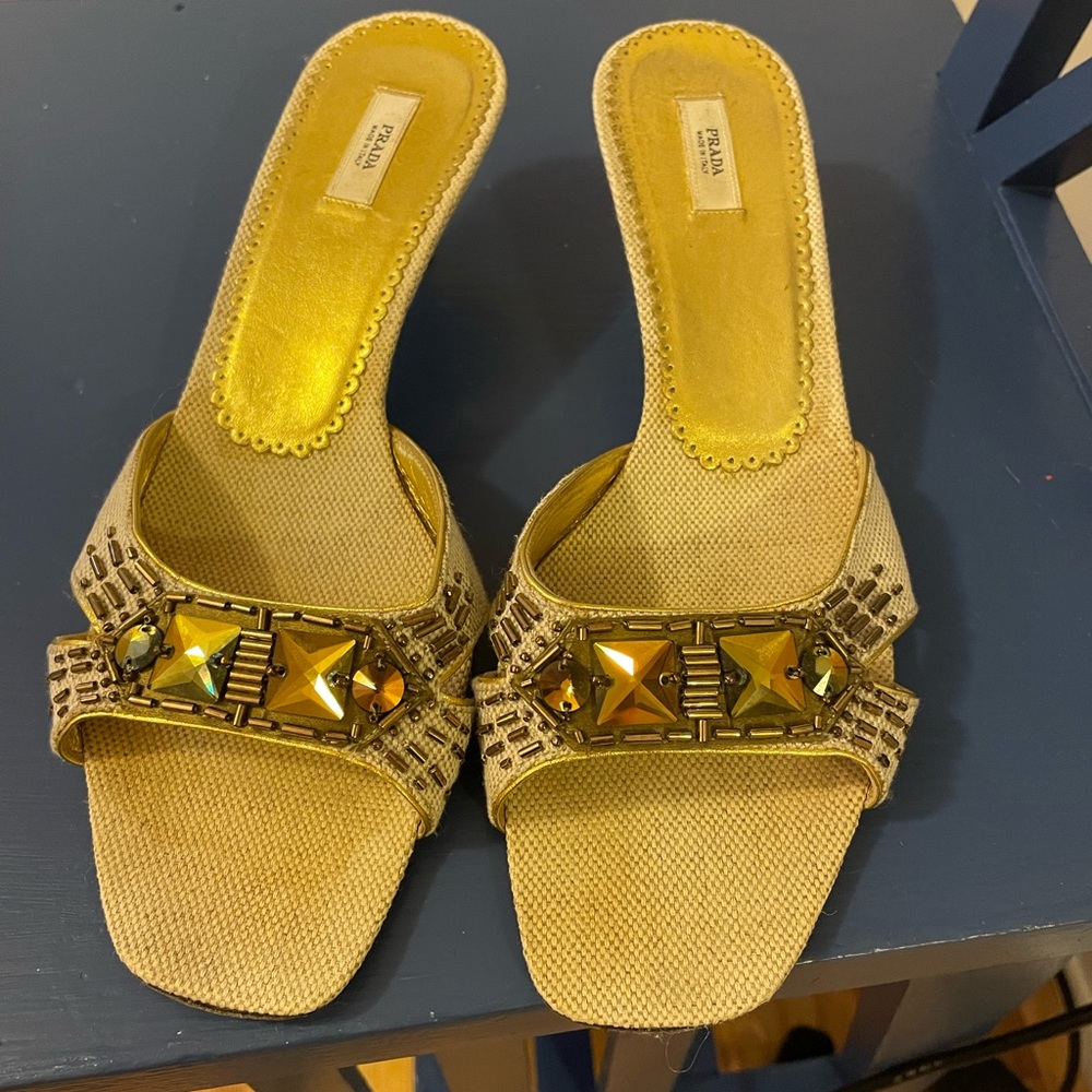 Prada mule sandals 8.5. Beige linen and jeweled